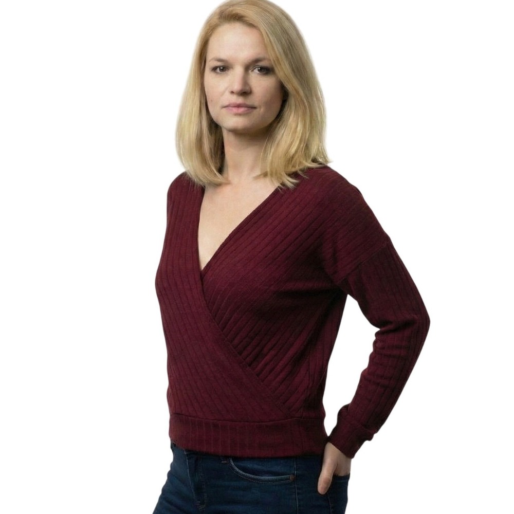 OGL Ribbed Wrap Sweater Womens S Burgundy Surplice V-Neck Long Sleeve Stretch